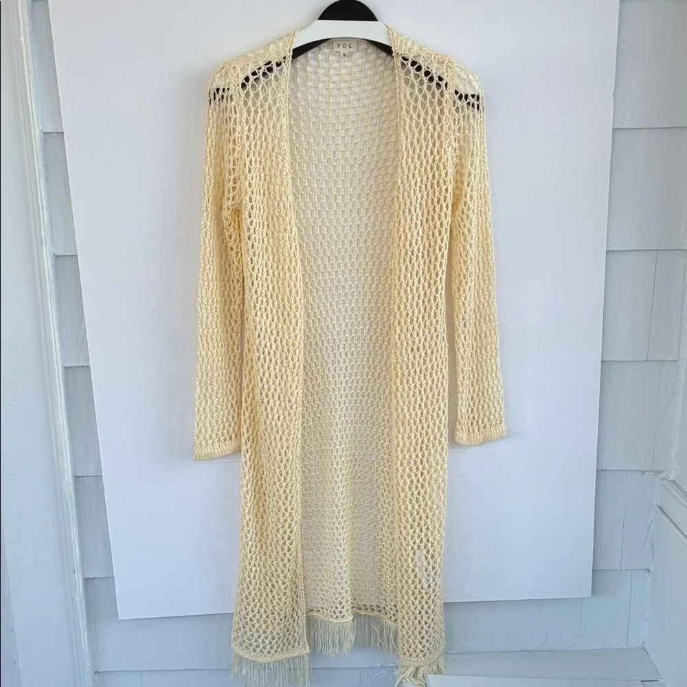 POL Women’s Cream Crochet Knitwear Boho Bohemian Open Front Cardigan Size Small